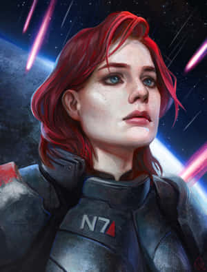 紅髮女性身穿N7裝甲，仰望宇宙能量軌跡和星星。 — Galaxy Z Fold 8 壁紙