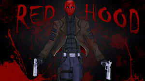 Red Hood 手持兩把手槍，背景是黑暗的血跡斑斑。 — 暗夜城市 壁紙