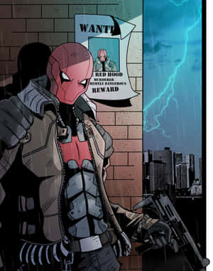 Red Hood 在雨中的城市場景中持槍，伴隨閃電和一張通緝海報。 — 暴力傳奇 壁紙