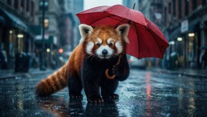 小熊貓在濕漉漉的人行道反射著燈光的雨城市街道上撐著紅色雨傘。