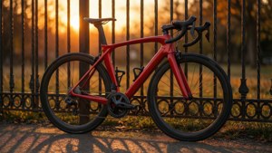 金色夕陽下紅色公路單車靠著黑色鐵欄杆