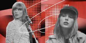Taylor Swift 以兩種黑白姿勢呈現於紅色圖形背景前。