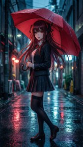 動漫女孩紅髮拿紅傘在夜晚霓虹燈雨巷行走
