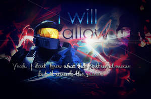 身穿盔甲、配備發光面罩的Halo Master Chief，站在帶有霓虹條紋和文字的宇宙背景前。 — OLED 壁紙