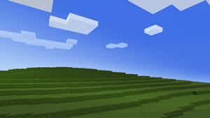 Minecraft遊戲場景中，藍天下有塊狀綠色山丘和白雲。