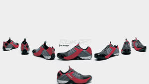 從多個角度展示紅色和灰色的Reebok Pump運動鞋。
