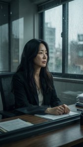 一位身穿黑色西裝外套的女性坐在桌前，望著下雨的辦公室窗戶，表情悲傷。