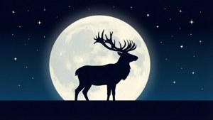 夜晚滿月和星星下的鹿剪影。