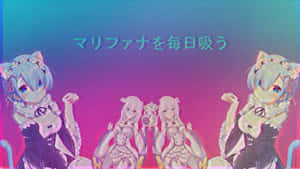 三個貓耳動漫女孩在帶有日文字樣的彩色漸變背景前擺姿勢。