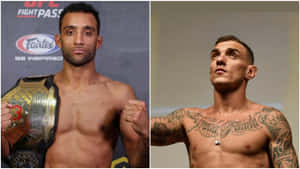 兩名赤裸上身的UFC拳手，一人手持冠軍腰帶，另一人有紋身向上望。 — 運動 壁紙
