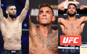 三位UFC拳手在八角籠中展示肌肉並慶祝。