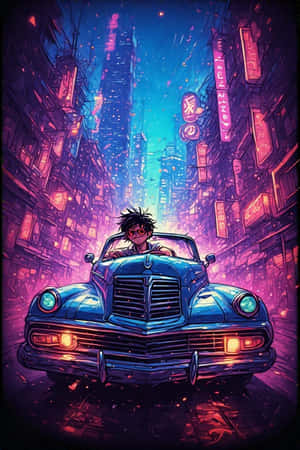一個人在夜晚駕駛經典藍色汽車穿過充滿活力的霓虹燈城市小巷。