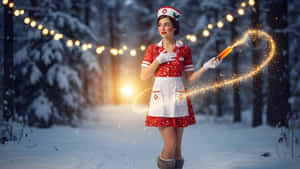 護士身穿節日紅色服裝在掛有燈串的雪地森林中留下發光愛心火花痕跡
