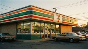 一間帶有橙色、綠色和白色條紋的7 Eleven商店，位於街角，停有汽車，正值黃金時段