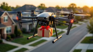 日落時分，無人機在住宅區街道上空運送禮物盒。