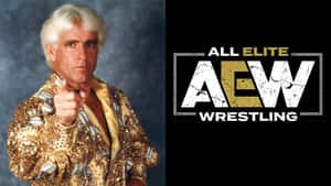 身穿金色亮片外套的摔角手在AEW Wrestling標誌旁邊指向觀眾。