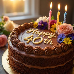 為慶祝40歲生日而設的朱古力生日蛋糕，配有蠟燭和花朵。