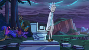 Rick Sanchez 喺奇幻嘅外星森林暮色中企喺廁所旁邊。