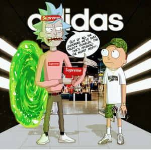 Rick Sanchez 和 Morty 在運動鞋店，Rick 身後有一個綠色傳送門。