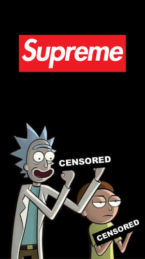 瑞克和莫蒂角色在Supreme標誌下，帶有審查文字。