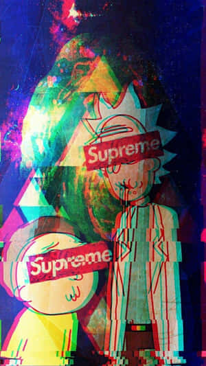 瑞克和莫蒂眼睛上帶有 Supreme 標誌，處於故障太空場景