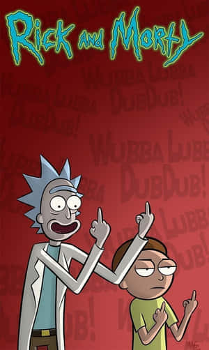 Rick 和 Morty 角色興奮地向上指。 — Galaxy Tab A 壁紙