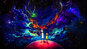 瑞克和莫蒂站在紅色星球上，看著色彩繽紛的宇宙星雲。