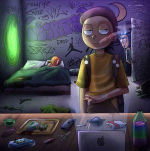 一個昏昏欲睡的青少年在凌亂的臥室裡，有塗鴉牆壁和一個發光的綠色傳送門。
