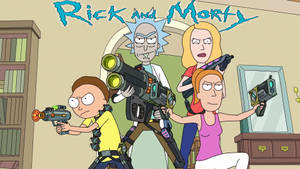Rick Morty Summer Smith 和 Beth 在一個卡通客廳中瞄準未來武器。 — 卡通網絡角色 壁紙