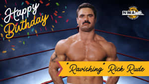 摔角手 Rick Rude 喺擂台上面，有生日紙碎同 NWA 標誌。 — 摔角 GIF 壁紙