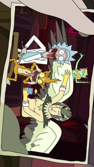 Rick Sanchez 和 Morty Smith 與其他角色在混亂的動畫場景中。 — 9:16 壁紙