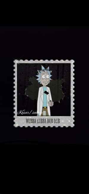 Rick Sanchez 卡通角色在郵票設計上拿著飲料。 — iPhone 15 Plus 壁紙