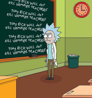 Rick Sanchez 在教室裡，黑板有重複訊息，時鐘顯示3點鐘。 — Honor Magic V 壁紙