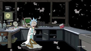 夜晚漂浮的貓群圍繞的混亂實驗室中的 Rick Sanchez。