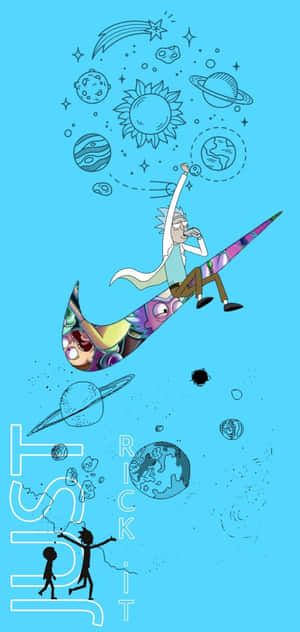 Rick Sanchez 騎著一艘宇宙飛船穿越太空，周圍有行星和恆星。 — Nokia 壁紙