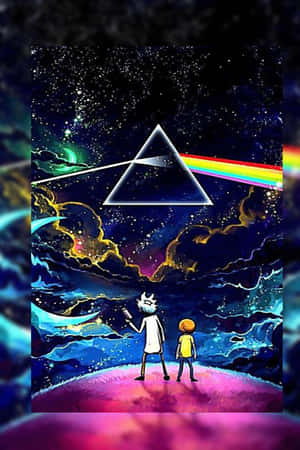 瑞克和莫蒂抬頭看著一個在太空中創造彩虹的棱鏡。