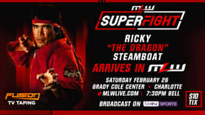 武術戰士Ricky Steamboat身穿紅色道服為MLW SuperFight活動海報擺姿勢。