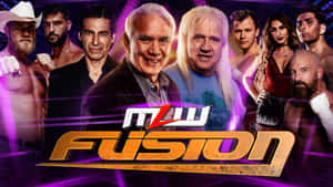 一群職業摔角手在發光的紫色背景下為MLW Fusion活動擺姿勢。 — 摔角 GIF 壁紙
