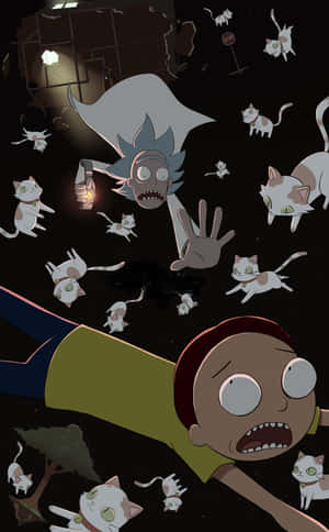 Rick和Morty漂浮在太空中，周圍是貓咪 — Galaxy Tab S9 FE 壁紙