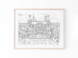 阿姆斯特丹建築的黑白線條藝術鑲框，帶有「Amsterdam」文字。
