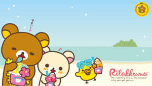 三個Rilakkuma角色在星空下的海灘上喝著刨冰。