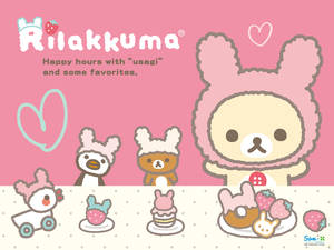 Rilakkuma和朋友們戴著兔子帽，在粉紅色背景上享用草莓甜點。