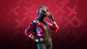 Fortnite角色穿著粉紅色外套和面具，戴著耳機擺姿勢