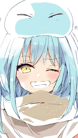 藍色頭髮和黃色眼睛的動漫女孩穿著冬季服裝微笑。 — 動漫 壁紙