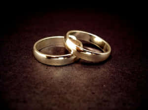 兩枚金色結婚戒指交纏在深色紋理表面上。