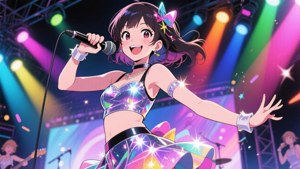 動漫女孩在色彩繽紛的舞台上表演，伴隨著明亮的燈光和閃爍。