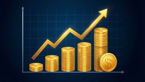 金幣堆疊隨著金融圖表上的上升箭頭而增加高度。