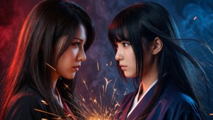 兩名身穿傳統長袍的女性面對面，火花在她們之間飛舞。