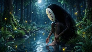一個戴面具的身影跪在月光下的森林溪流旁，周圍有發光的螢火蟲。