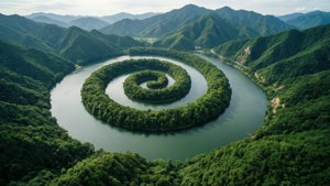 從上方俯瞰，螺旋狀河流蜿蜒穿過茂密的綠色山脈